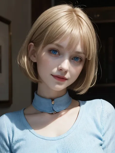 8K,Masterpiece, caucasian woman,Smile,Age 25,blue eyes, Blonde Hair, Short Bob Hair, Ella Freya, a beautiful Dutch YouTuber（Ella Freya）