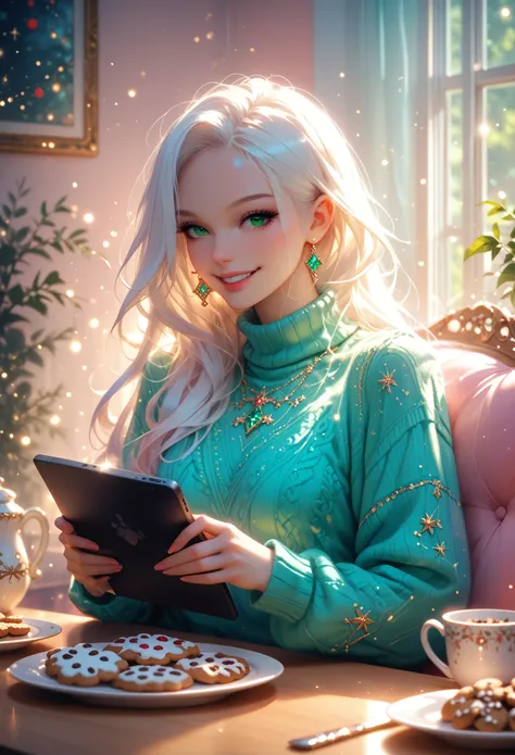 Beautiful Girl, with white long hair, With Beautiful Big Green Eyes, Holds a tablet in his hands, something is drawing on it, Looks thoughtfully in a warm sweater, slight smile, Sits at a table on which lie various delicious snacks, Cookies and Gingerbread...