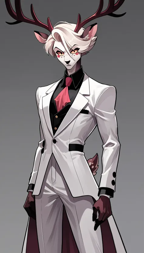 (zPDXL2), (PonyXLV6_Scores), source_anime, source_anthro, source_furry, solo, three-quarter portrait, front view, looking at viewer, standing, BREAK

In Hell, Xavier sports a sleek white suit. His eyes are a striking shade of violet, and he has deer-like a...