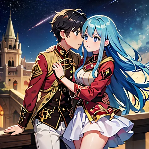 A girl with blue eyes and light blue hair, red blouse with gold plates on her body, pink panties, a gold bracelet and white skirt affectionately kissing a boy with short black hair on the lips, ojos marrones, lentes, red jacket with a night castle behind t...