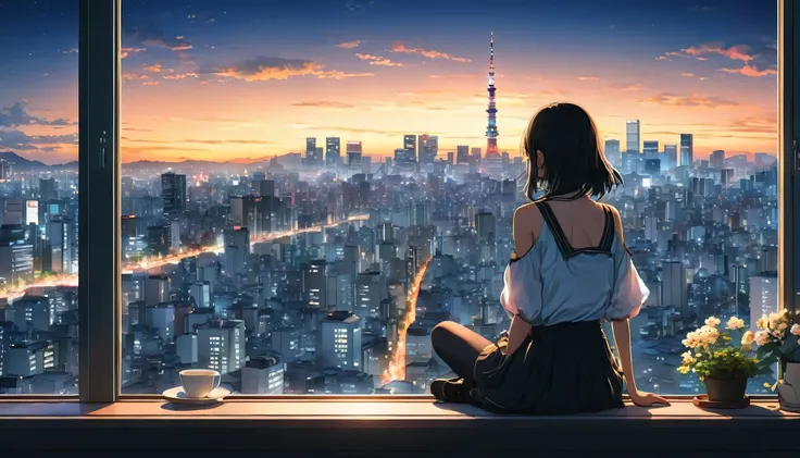 anime girl sitting on a window sill looking out at a city, 4k anime wallpaper, View of Tokyo buildings at night、. anime, anime art wallpaper 4k, anime art wallpaper 4 k, anime art wallpaper 8 k, anime wallpaper 4k, anime wallpaper 4 k, 4K Manga Wallpapers,...