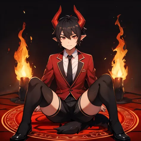 A black haired dragon boy in a loose business suit with red horns and tail with shorts and stockings sitting sexy on a satanic circle thats on fire