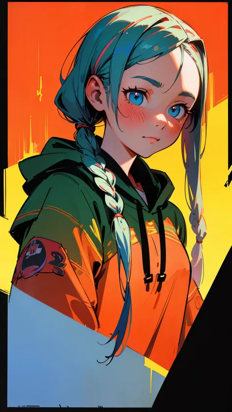 a girl with 2 braided pigtails on both sides, partially covering ears, blushing, slight smile, eyes cast down, wearing a hoodie, high resolution, American style propaganda poster, detailed facial features, cinematic lighting, vibrant colors, digital painti...