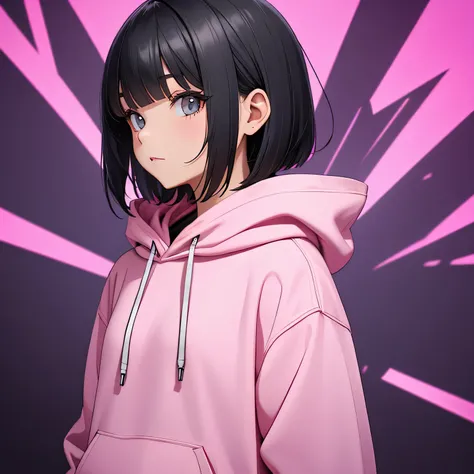 Black Bob　Side bangs　Pink hoodie　Cool Background