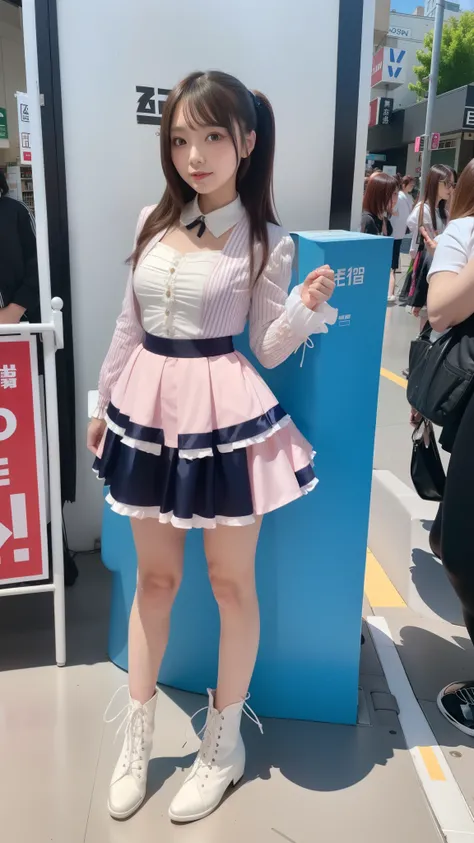 Costume like a idol, blue and white half sleeve Jacket, pink satin ruffled blouse, White and pink stripe pleated skirt, white lace up boots