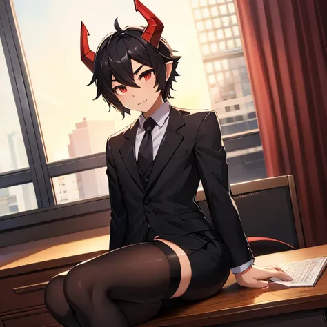 A black haired dragon boy in a loose business suit with black shorts and stockings with red horns and tail sitting legs spread on desk