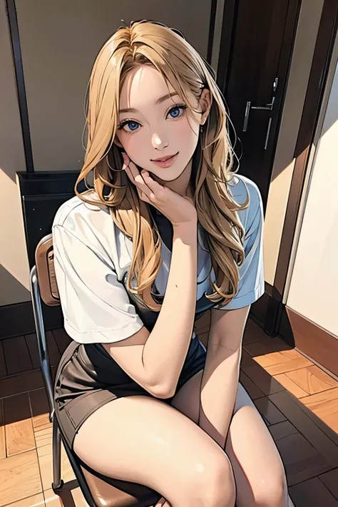 Woman sitting on a chair、Place both hands on the armrest、Masterpiece、Long blonde hairstyle