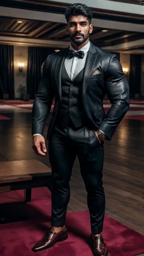 Full body view, Handsome tall indian daddy in suit, black gloves in hand, formal shoes, socks, handlebar mustache muscular hunk, standing in party hall with spreadlegs, masterpiece, hd, HDR, depth of field, hd, hdr, D750F nikon camera photography, sharpnes...