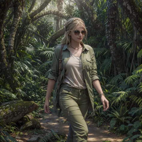 ((best quality)), ((masterpiece)), ((realistic)), ((girl walking in jungle)), looking tired, wearing loose-fitting clothing long...