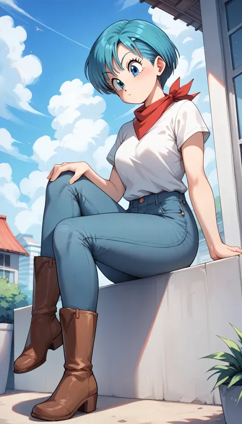 original style, bulma, short hair, blue eyes, blue hair, white short-sleeved shirt, jeans, red kerchief around the neck, cowboy ...