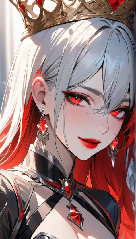 high resolution, Best quality, detail, high detail, quality, HD Model, Award-winning, Only tied one side of the hair, Chest, Crystal Earrings, The whole face turns red, Strong emotions flashing in the eyes, Red lips, star eyes, Seductive smile, crown, 