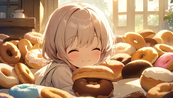  A serene morning scene with soft sunlight streaming through, the air filled with the sweet scent of donuts. The setting evokes a gentle awakening, a sense of calm and lightness. The character is looking at a donut with a smile, feeling happiness and comfo...