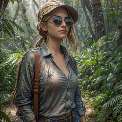  ((Best quality)), ((masterpiece)), ((realistic)), ((Girl walking in jungle)), looking tired, wearing Loose-fitting clothing Long-sleeved shirts and pants, Headgear, Sunglasses, very beautiful, in a natural and casual style on eye level, scenic, elevated v...