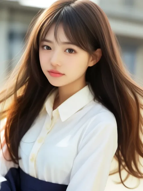 Beautiful Japanese woman, soft skin and adorable perfect face, small face with nose and rosy lips, beautiful eyes, beautiful smile. Black long hair, surrounded by light and ethereal glow, thin and long beautiful hair. Loose long hairstyle with grayish-beig...