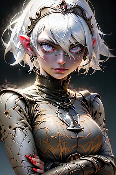 1girl, female drow, rpg, dnd drow race, white hair, bangs, short hair, white blind eyes, red light armor, yellow tiara, posing, grim face, dark fantasy, rpg art, by tyler jacobson, tyler jacobson art, detailed, 4k, detailed face