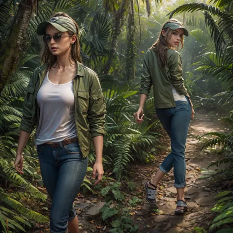  ((Best quality)), ((masterpiece)), ((realistic)), ((Girl walking in jungle)), looking tired, wearing Loose-fitting clothing Long-sleeved shirts and pants, Headgear, Sunglasses, very beautiful, in a natural and casual style on eye level, scenic, elevated v...