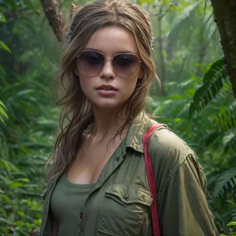  ((Best quality)), ((masterpiece)), ((realistic)), ((Girl walking in jungle)), looking tired, wearing Loose-fitting clothing Long-sleeved shirts and pants, Headgear, Sunglasses, very beautiful, in a natural and casual style on eye level, scenic, elevated v...