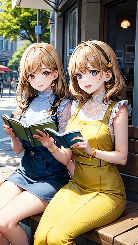 Two lively twin girls with short blonde hair and bright yellow outfits, both wearing accessories shaped like the Gemini symbol, sitting at a sunny street café, one reading a book while the other listens to music, cheerful atmosphere, high detail, vivid col...