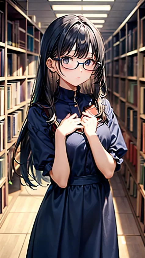 A neat girl with long straight navy blue hair, wearing a modest navy dress, holding a book close to her chest, standing in a quiet library aisle, focused expression, glasses perched on her nose, soft ambient lighting, high detail
