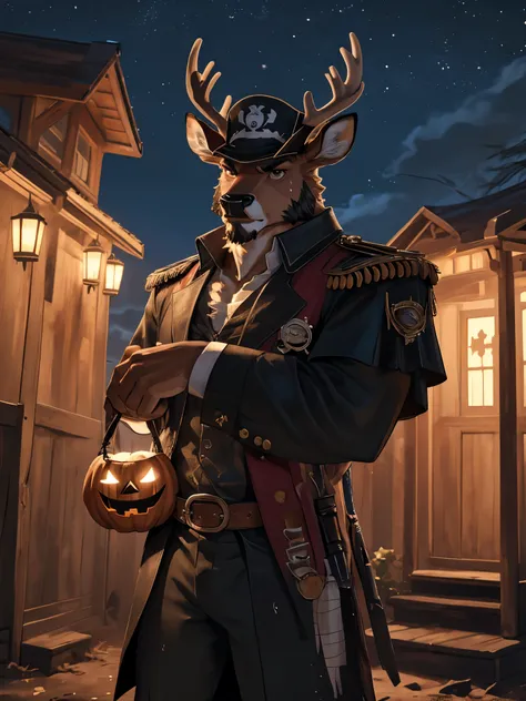 Best quality, masterpiece,ultra high res,detailed background,realistic, real shadow and light,depth of field, looking at the viewer, standing in the beach, sea waves, strong arm and veins, furry male, ((deer furry)), Deer, pirates, pirate hat, pirate eye-b...