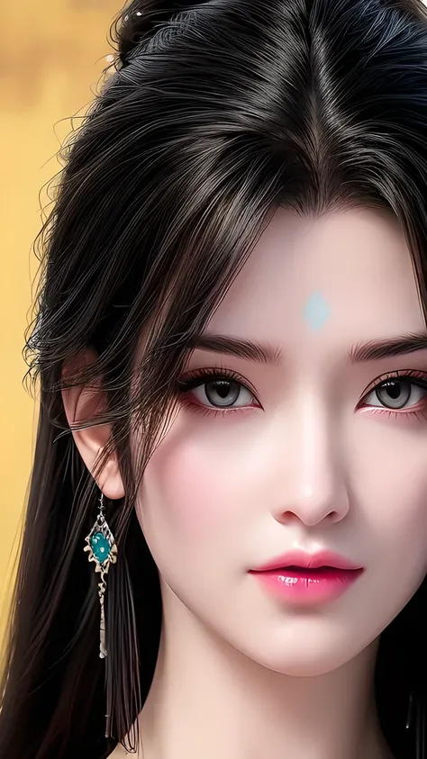 Best quality work, (Practical: 1,2), 1 girl, Jet black hair, Golden Eyes, front, Detailed facial information, Beautiful eyes。