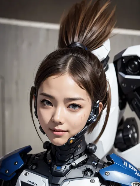 Textured skin, Super Detail, high details, High quality, Best Quality, hight resolution, 1080p, hard disk, Beautiful,(War Machine),beautiful cyborg woman,Mecha Cyborg Girl,Very Shorthair、sweaty brown eyes、sexy eye、a smile　embarassed expression　Opening Mout...