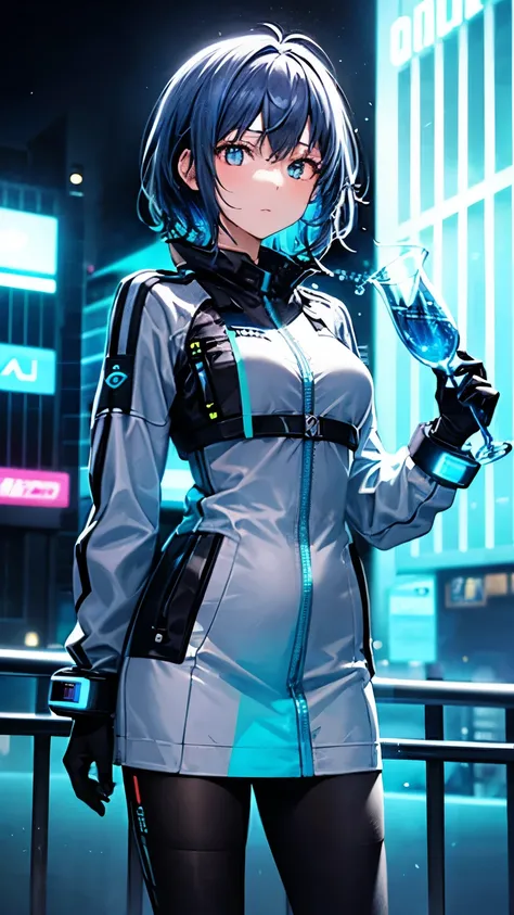 An innovative girl with short light blue hair, wearing futuristic attire in shades of light blue, holding a glowing water vessel, standing against the backdrop of a futuristic cityscape at night, holographic elements around her, thoughtful expression, high...