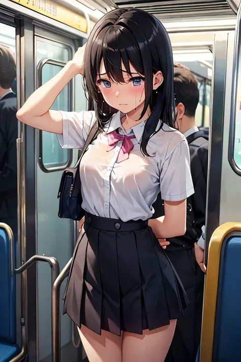 In the train、A man molesting a high school girl、Hands restrained behind your back、Bra is visible、Crying face、Wet 、Please put your hands inside your skirt、 Shake your hips, small breasts, 