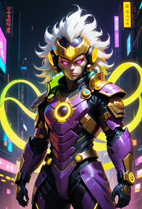 Cyberpunk armored hero with an asymmetrical windbreaker and neon energy accents, facing forward. Golden ring headgear referencing Monkey King’s crown, with a minimalistic design visible from the front. High-tech helmet with integrated glowing visor and hol...