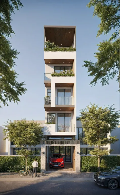 townhouse, Led light, spotlight out door, (modern style:1.2), (Open roof to see the sky), exterior design, perspective view, (open roof), Pavement, alphalt streets road, (next door neighbors house), (dawn light sky background), Low trees around the house, ...