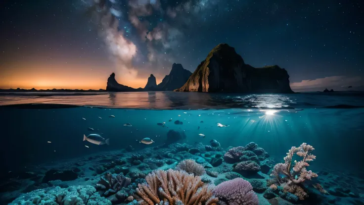 an image that shows the seabed and the sea surface, The image is divided in half by the surface of the water, Underwater you can see very colorful marine elements like corals, In the distance the silhouette of a sunken ship, On the surface of the water you...