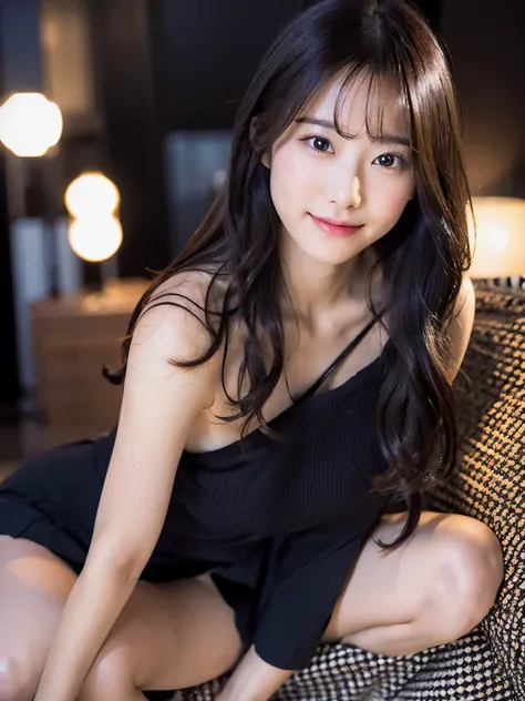 (Best Quality、8k、32K、masterpiece)、Cute Japanese Women Photos、smile、Beautiful Face, camisole、black mini skirt, Big ample breasts、Glowing Skin、Blurred Background、Luxury Room、black hair, 35mm lens, f/1, black mini skirt, whole body、Spread legs, squatting,