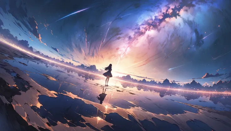 Official Art, Integrated 8K wallpapers, Very detailed,  masterpiece, Best image quality，Ultra Wide Angle，night，woman，Standing by the salt lake，The water is like a mirror，Reflecting the sky,Look up at the sky，The Milky Way is in the sky，Dynamic angle, Grace...