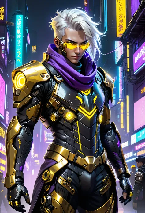 Cyberpunk male hero in purple and gold armor, with mechanical arms featuring exposed, detailed components that highlight their high-tech design. The hero wears a sleek, black leather jacket, fitted over their shoulders and torso, with the jackets fabric co...