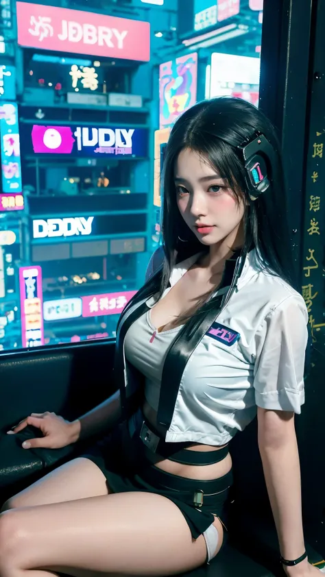 a beautiful young woman of thai-vietnamese descent. very beautiful. beautiful curvy figure. ((wearing a cyberpunk student unifor...