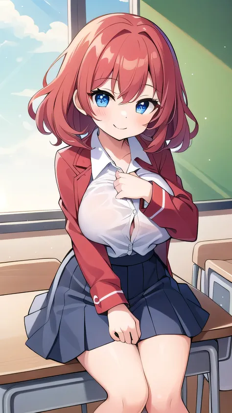 Big breasts, red hair, blue eyes, droopy eyes, red jacket, long sleeves, navy skirt, elementary school student, (super big breasts:1.1), (medium hair: 1), baggy clothes, elementary school student, young face, short height, , old, shy Agari, smiling a littl...