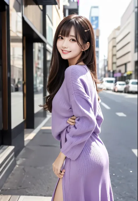 masterpiece、Highest quality、whole body、One Girl、bangs、Japanese、Black Long Hair、knit、Purple、smile、alone、Stylish woman、pastel colored outfits、front、Luxury background elements、Confident expression、Modern and trendy、Fashion focus
