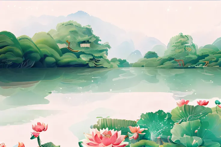 Here is a picture of lotus flowers in the lake, scenery from Hangzhou, West Lake, foreground lotus flowers and lotus leaves, middle scenery clear water, a boat gliding on the water, vista, trees Bridges, temples, mountains, sky, birds flying in the air, lo...