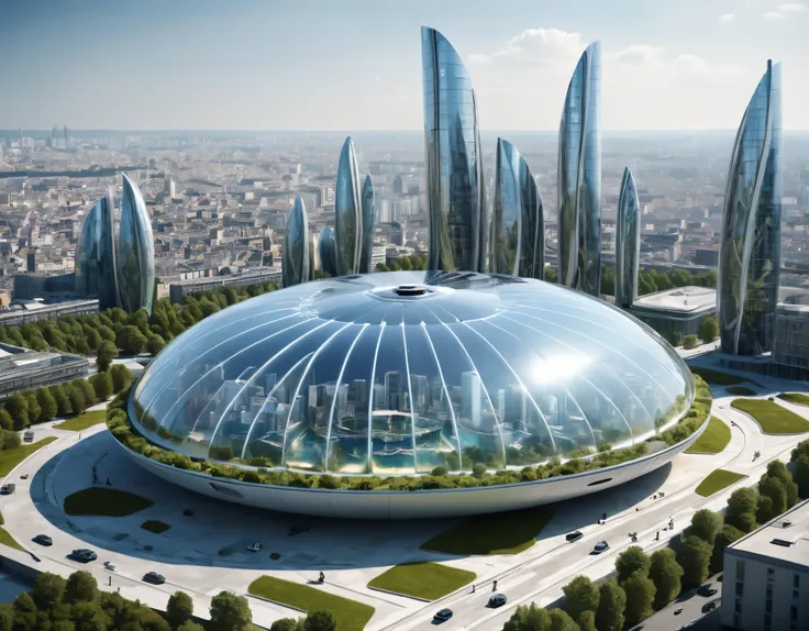 concepte d’une ville sur un gigantesque char blindé du futur, immeubles et buildings visible dessus au centre du tank, concepte imaginé par une IA de haute qualitée, blindage très futuriste et détaillé,  blindage formé par de multiples canons sur tourelles...