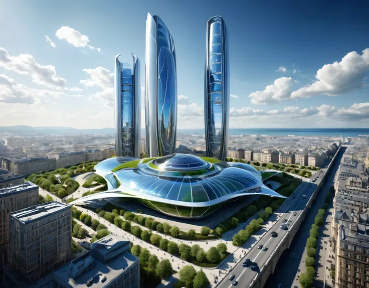 concepte d’une ville sur un gigantesque char blindé du futur, immeubles et buildings visible dessus au centre du tank, concepte imaginé par une IA de haute qualitée, blindage très futuriste et détaillé, blindage formé par de multiples canons sur tourelles ...