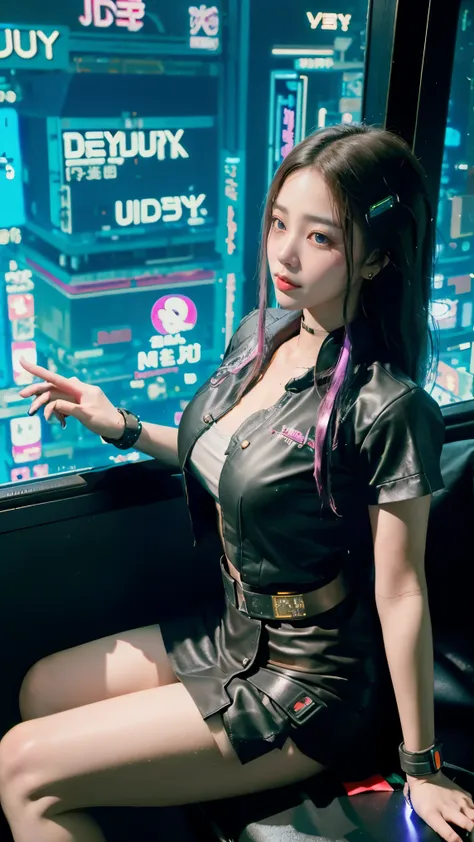 A beautiful young woman of Thai-Vietnamese descent. Very beautiful. Beautiful curvy figure. ((Wearing a cyberpunk student uniform: 1.5)) Romantic. Long black lace stockings. Belt. ((Sitting on a sky train in the city at night)) Moonlight shines through the...