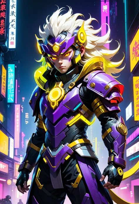 Cyberpunk armored hero with an asymmetrical windbreaker and neon energy accents, facing forward. Golden ring headgear referencing Monkey King’s crown, with a minimalistic design visible from the front. High-tech helmet with integrated glowing visor and hol...