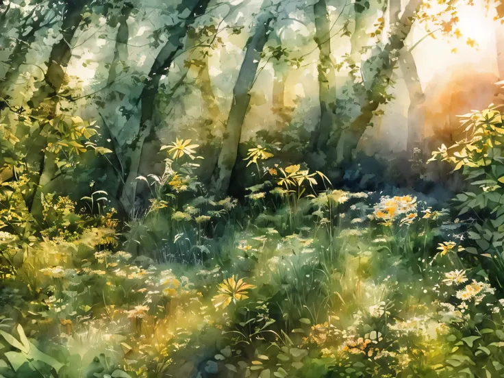 detailed watercolor landscape, Dense vegetation,forest，Clean picture， wispy clouds, warm sunlight, ethereal atmosphere, soft brushstrokes, dreamlike quality, masterpiece, 8k, high resolution, photorealistic