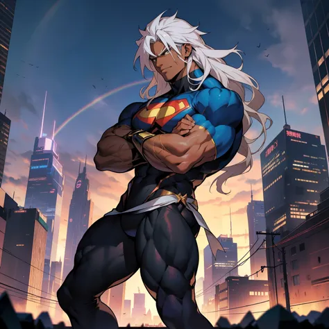 ((anime style art)), extremely muscular masculine character, dark skin, long rainbow hair, blue,, bodybuilder body, ripped cloth...