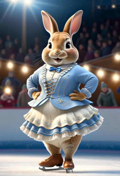 photorealistic portrait of Dressed animals - a ((fat)) (Peter rabbit) figure skater,(hands on hips:1.5),(happy smile:1.2),(elegant), high quality,(lovely) ,intricate details, highly detailed (elaborate figure skating costume with ornaments),( frilled short...