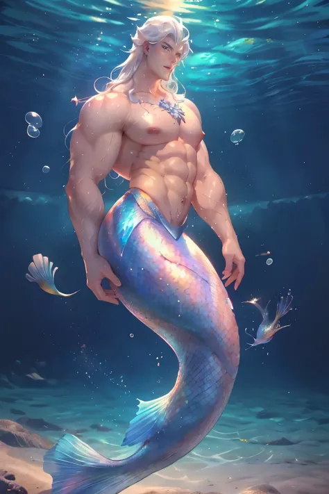 1 male mermaid, (male mermaid model) hot skin, masterpiece, top quality, most handsome merman in the world, by Tham Quan, perfect body, beautiful male model, attractive male lead 20- 25 perfect age, white hair, summer, sea water, blue sky, white clouds, so...