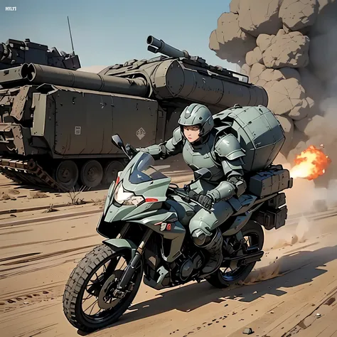 nsfw, anime screencap, 16k, perfect anatomy proportion body, action, A dynamic composition with a sense of speed and movement, (Ride a heavy armored off-road military motorcycle with a cannon:1.6), a wife, large breasts, 40age, perfect beautiful delicate s...