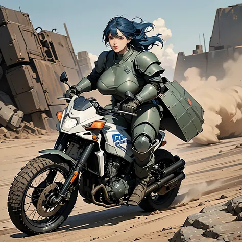 nsfw, anime screencap, 16k, perfect anatomy proportion body, action, A dynamic composition with a sense of speed and movement, (Ride a heavy armored off-road military motorcycle with a cannon:1.6), a wife, large breasts, 40age, perfect beautiful delicate s...