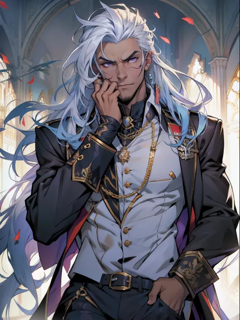 Handsome male. white hair. Long hair. Royal attire. Freckles. Piercings. Arrogant expression. Bara. brown skin. 9 ft tall. Big bulge in pants. Blue hair tips. Purple eyes. Black shirt. Mischievous. Sinister. Muscular body. Castle. Silky hair.