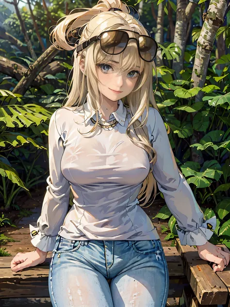  ((Best quality)), ((masterpiece)), ((realistic)), ((Girl walking in jungle)), looking tired, wearing Loose-fitting clothing Long-sleeved shirts and pants, Headgear, Sunglasses, very beautiful, in a natural and casual style on eye level, scenic, elevated v...